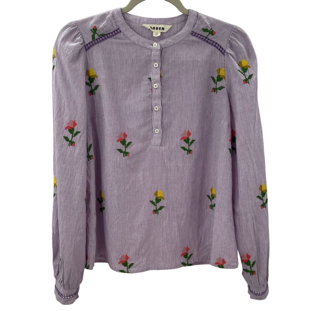 Boden Embroidered Trim Interest Top Purple Stripe Embroidery 4 - Picture 6 of 12